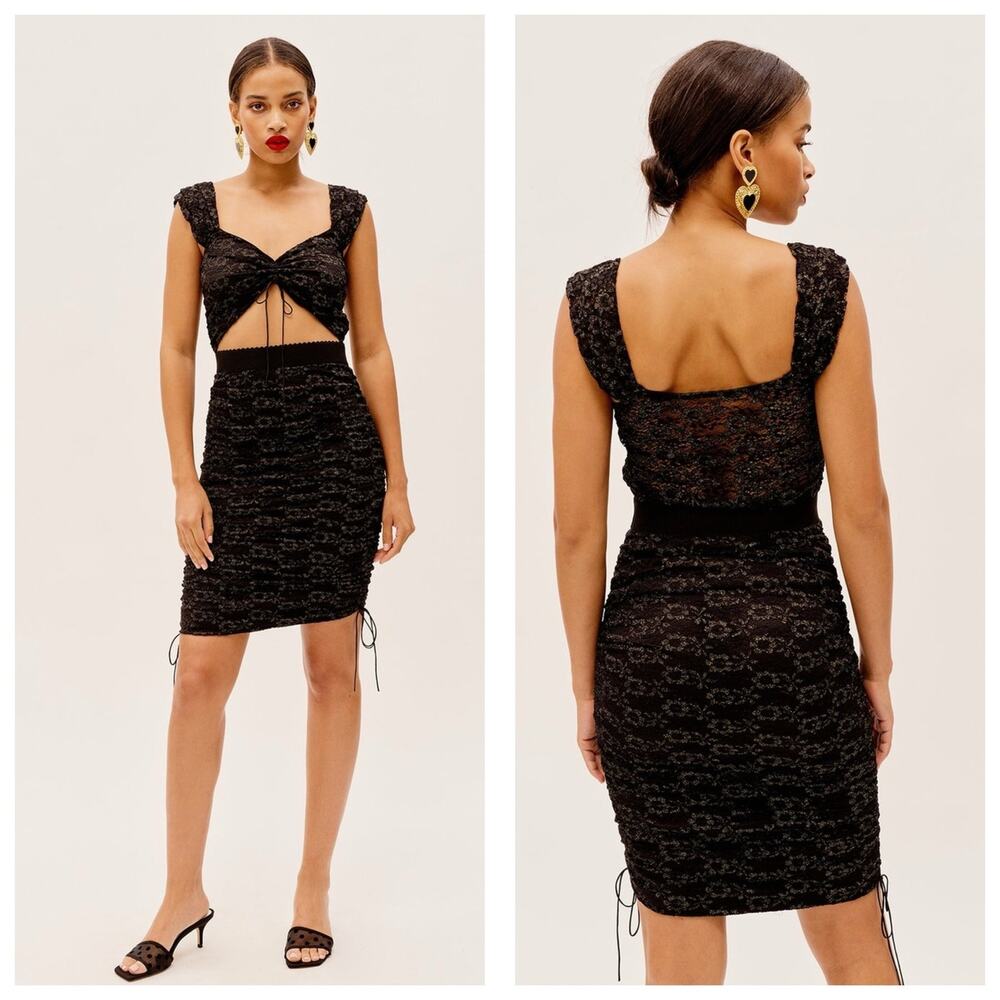 For Love & Lemons Gold Joanna Midi Dress Size Small Lace Cut Out Ruched Cocktail